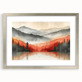 Misty Autumn Forest - Reflected Landscape Wall Art in Gray and Red