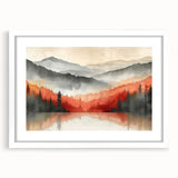 Misty Autumn Forest - Reflected Landscape Wall Art in Gray and Red