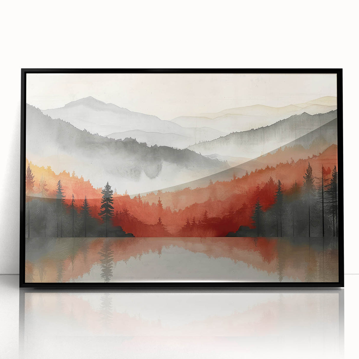 Misty Autumn Forest - Reflected Landscape Wall Art in Gray and Red