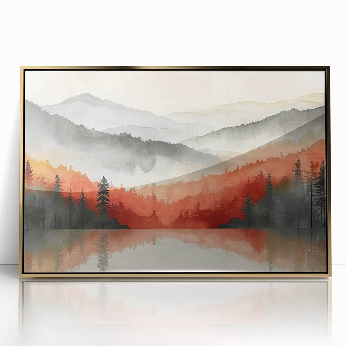 Misty Autumn Forest - Reflected Landscape Wall Art in Gray and Red