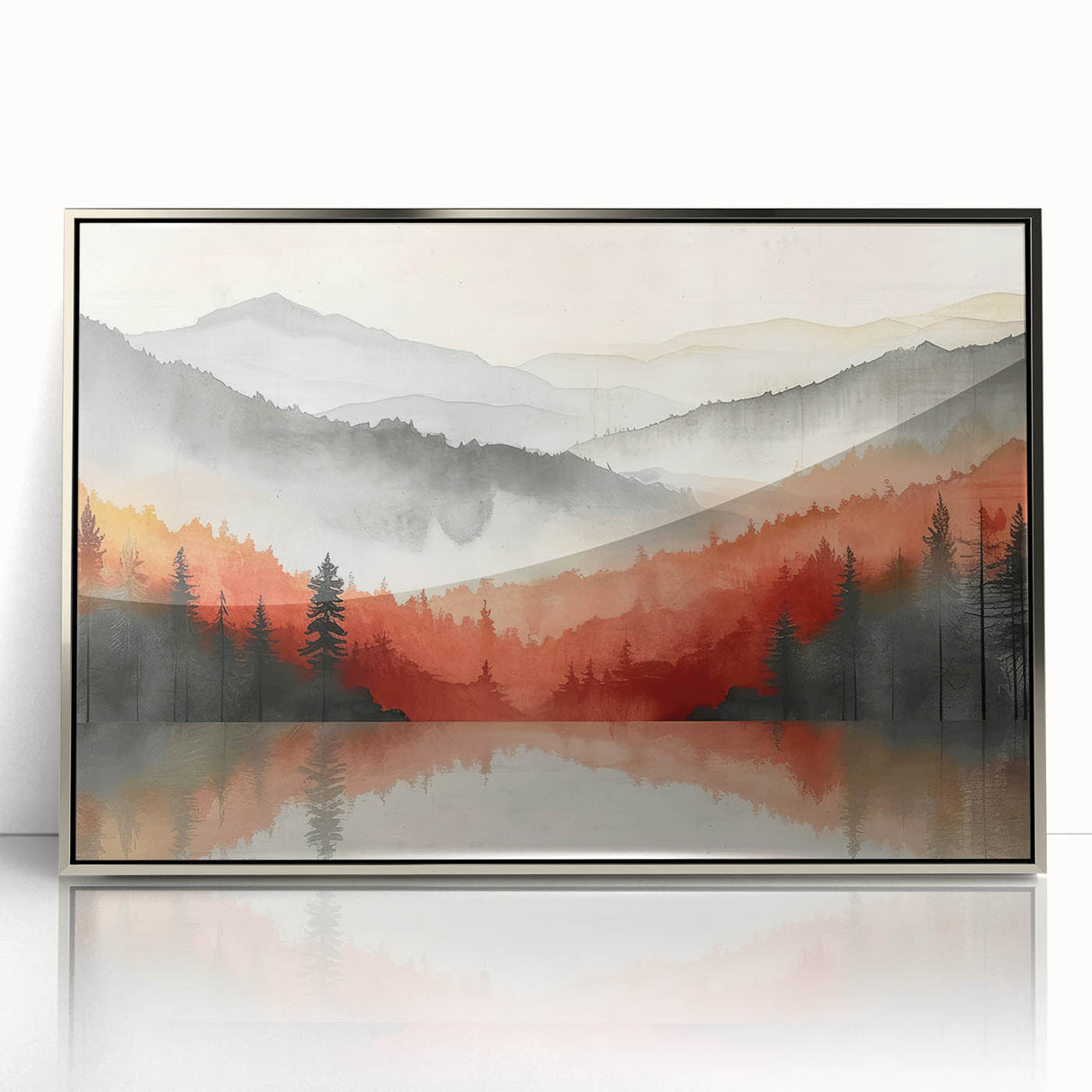 Misty Autumn Forest - Reflected Landscape Wall Art in Gray and Red