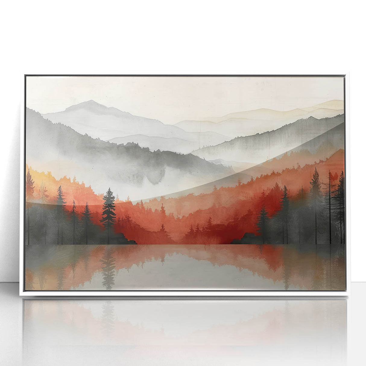 Misty Autumn Forest - Reflected Landscape Wall Art in Gray and Red