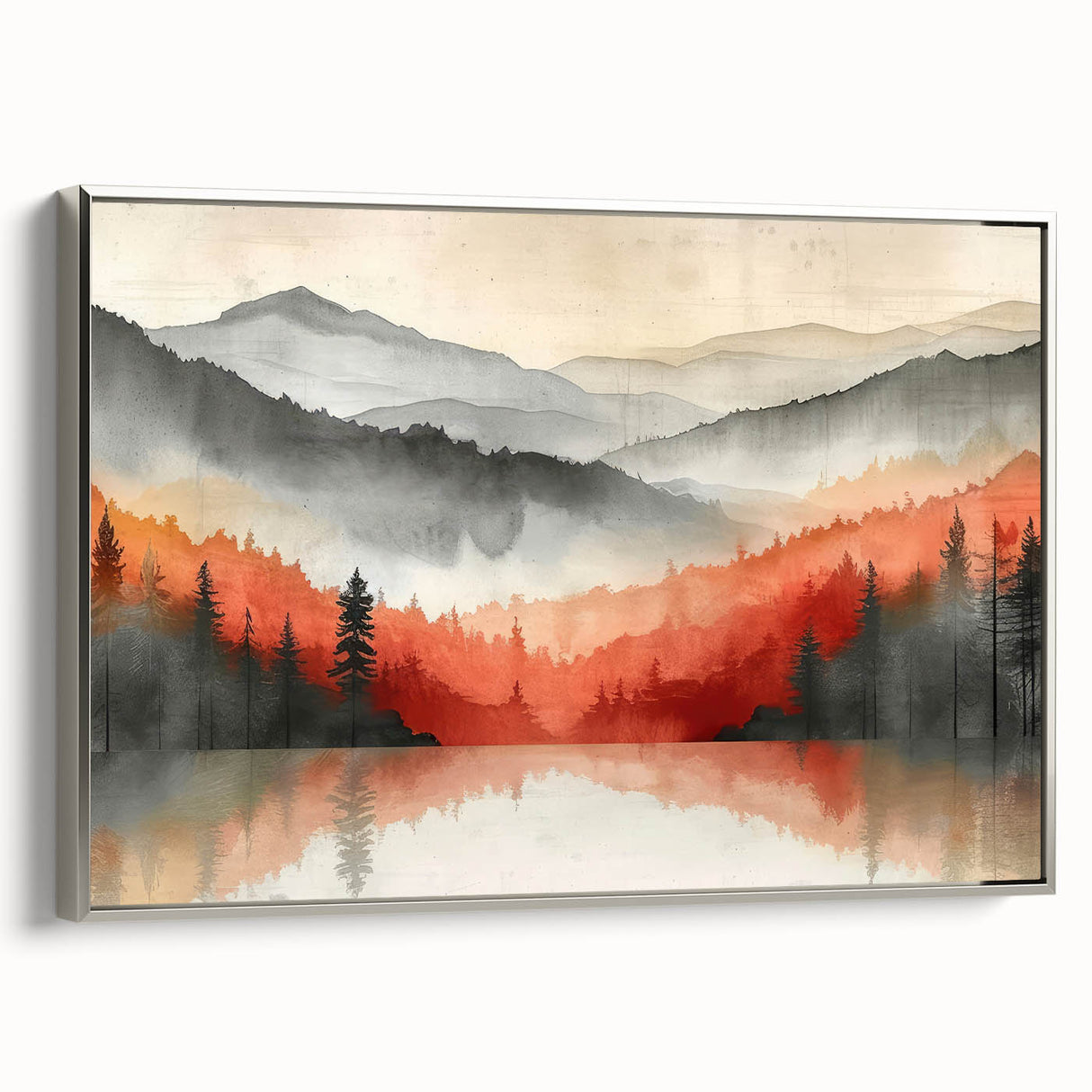 Misty Autumn Forest - Reflected Landscape Wall Art in Gray and Red