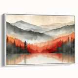 Misty Autumn Forest - Reflected Landscape Wall Art in Gray and Red