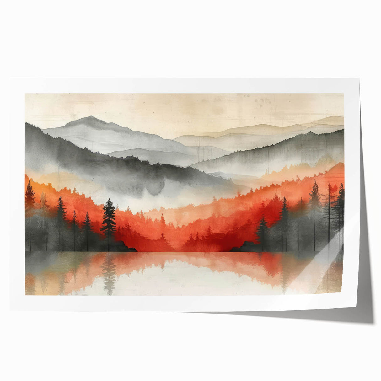 Misty Autumn Forest - Reflected Landscape Wall Art in Gray and Red