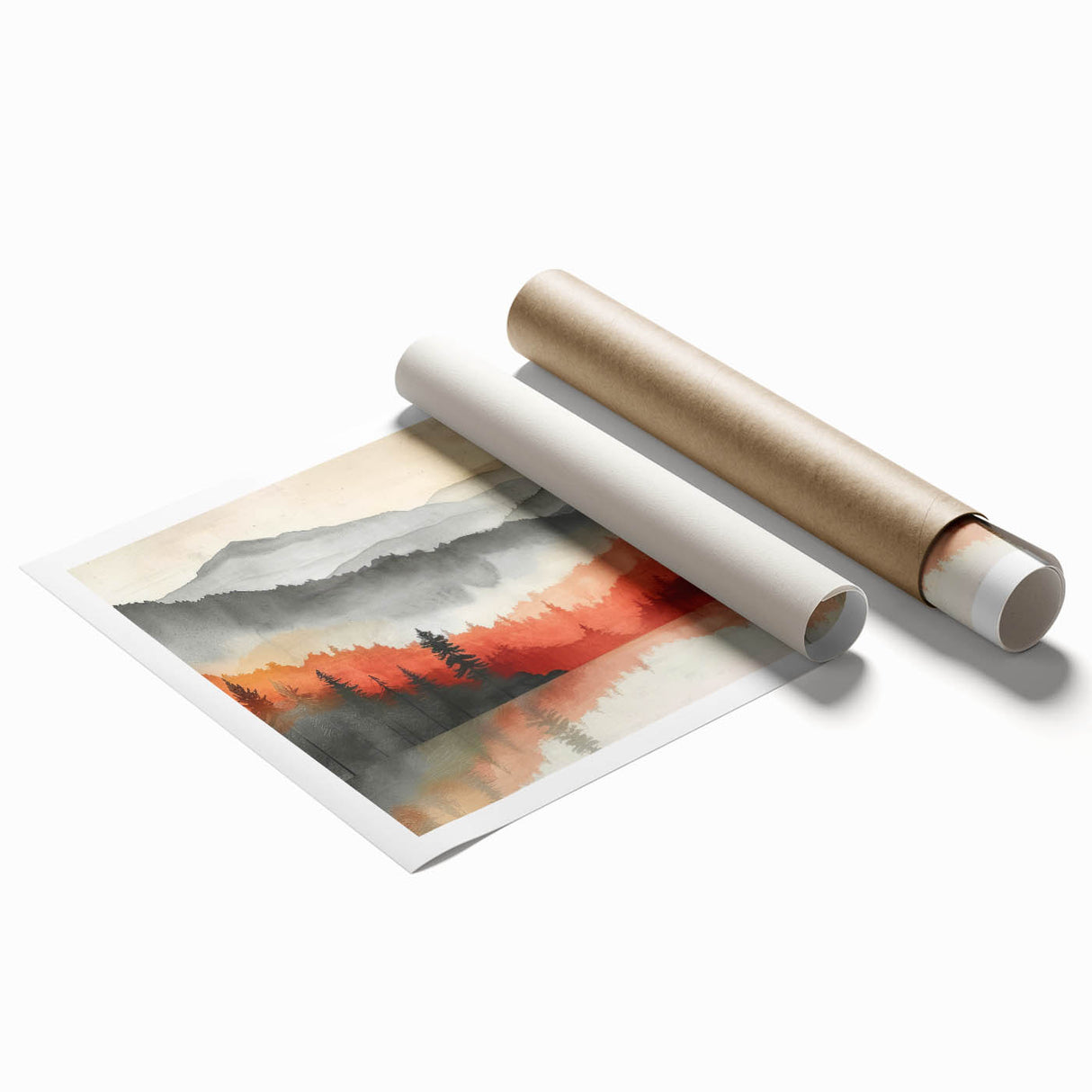 Misty Autumn Forest - Reflected Landscape Wall Art in Gray and Red