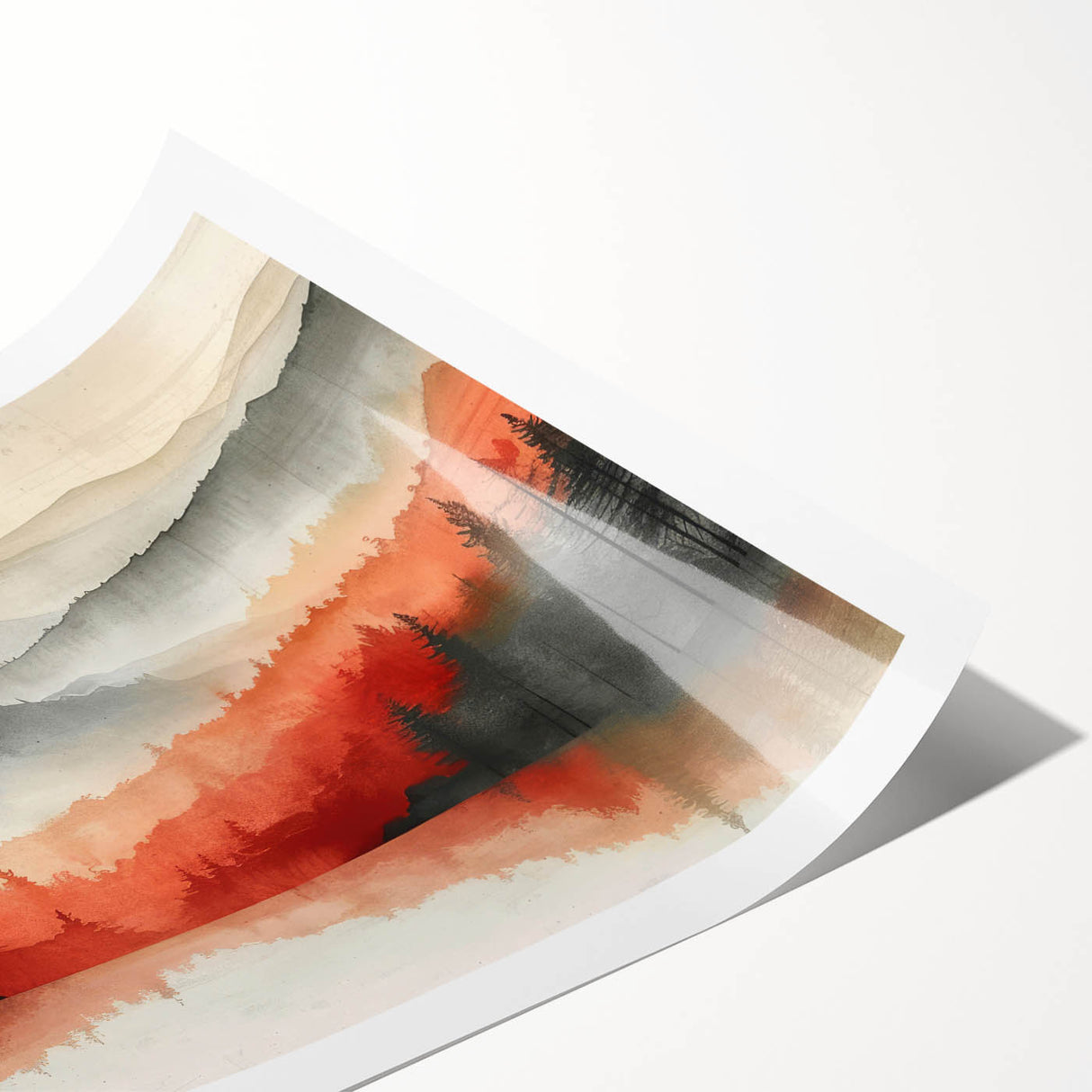 Misty Autumn Forest - Reflected Landscape Wall Art in Gray and Red