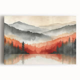 Misty Autumn Forest - Reflected Landscape Wall Art in Gray and Red