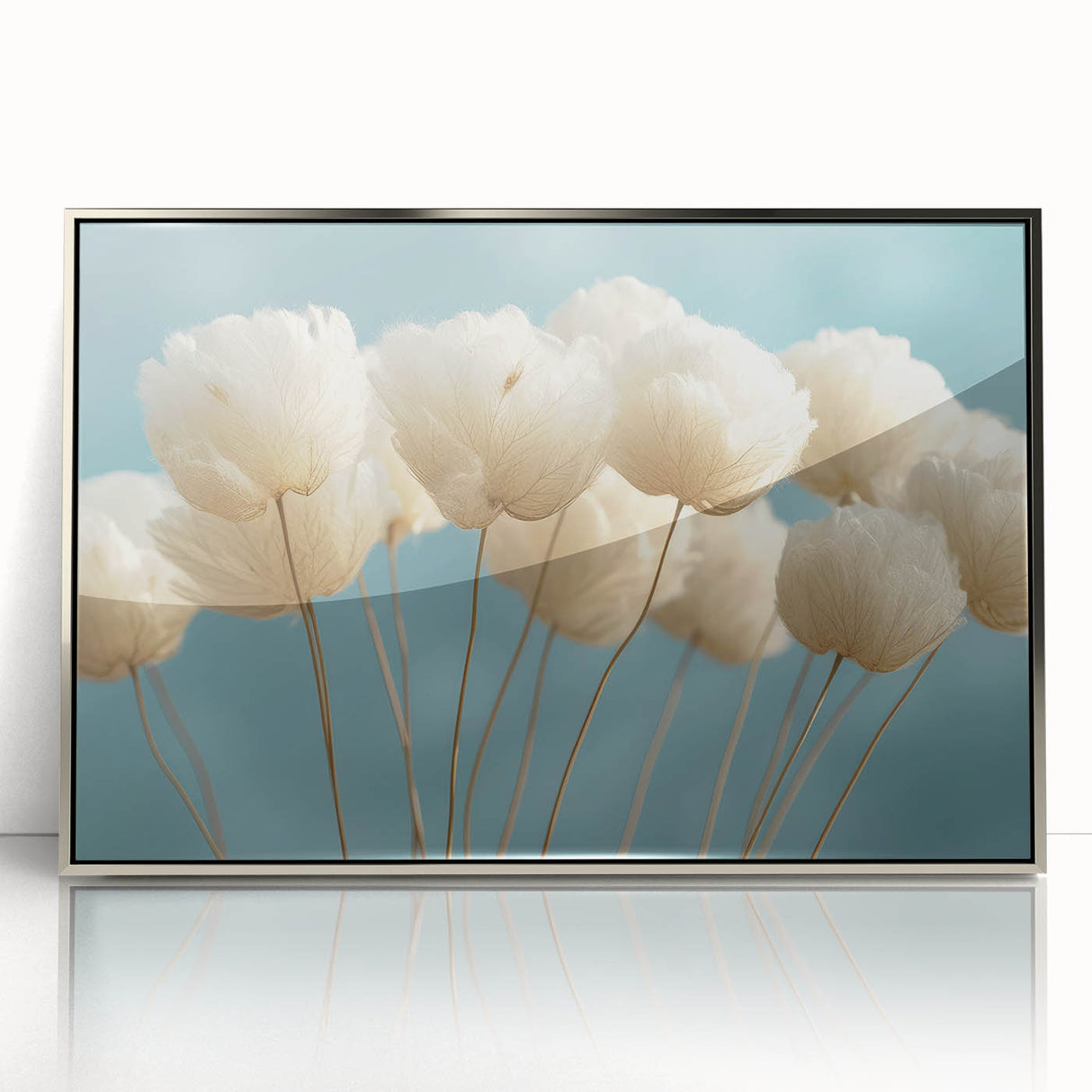 Delicate White Blossoms - Soft Floral Wall Art in Light Blue and White