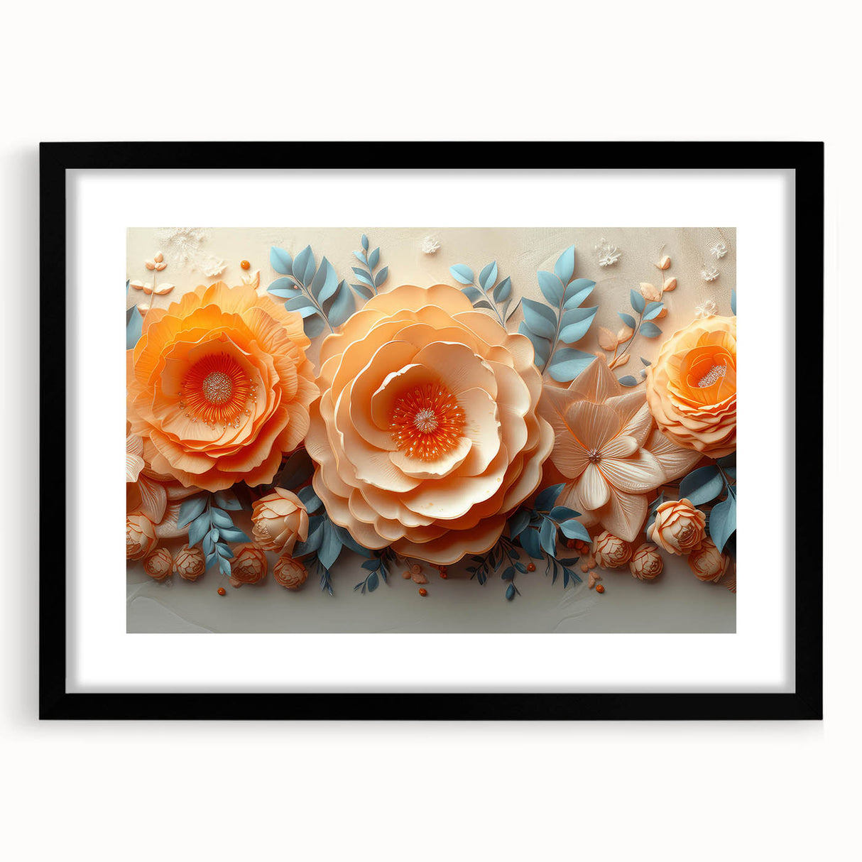 Glam Wall Art – Luxurious Floral 3D Design with Peach and Blue Accents