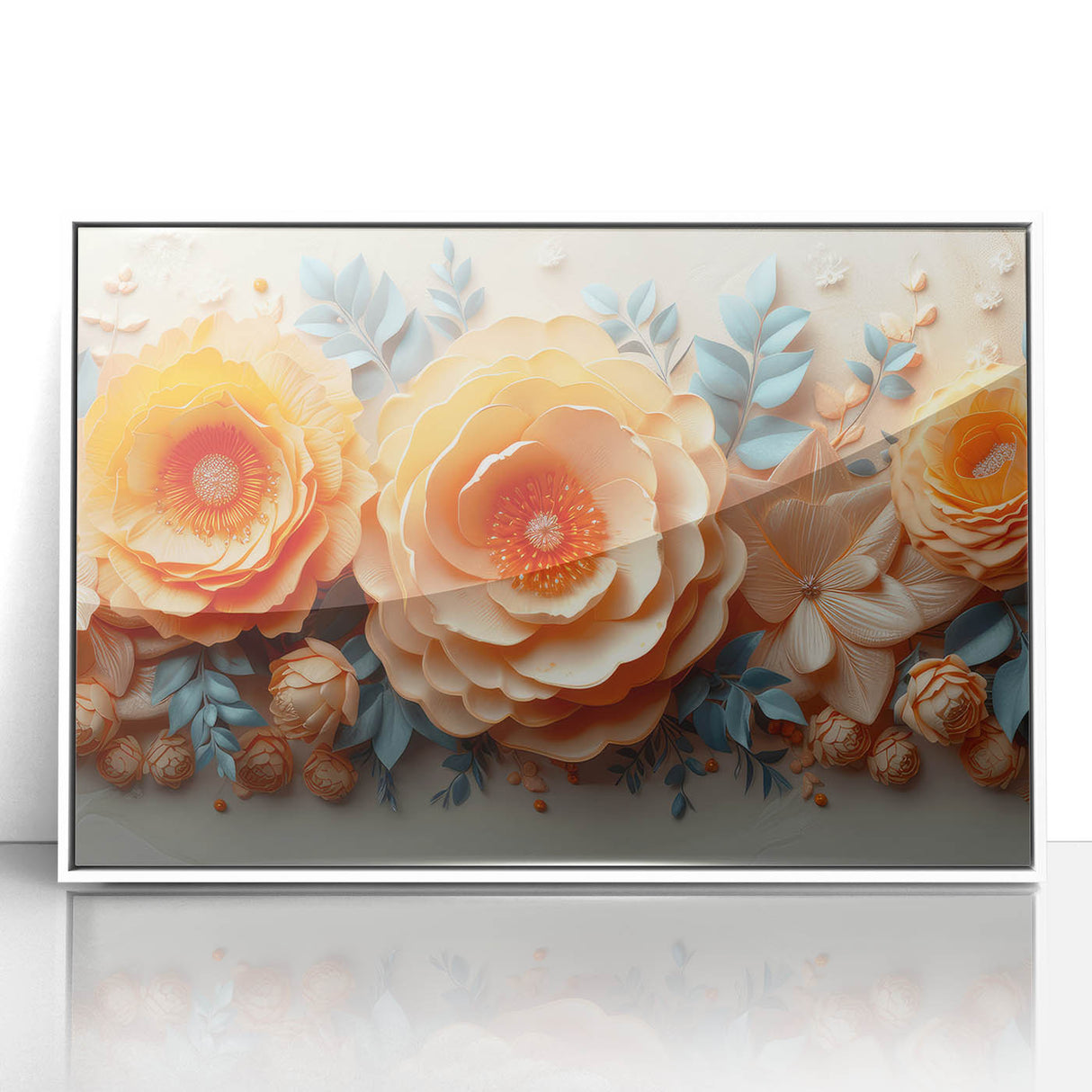 Glam Wall Art – Luxurious Floral 3D Design with Peach and Blue Accents
