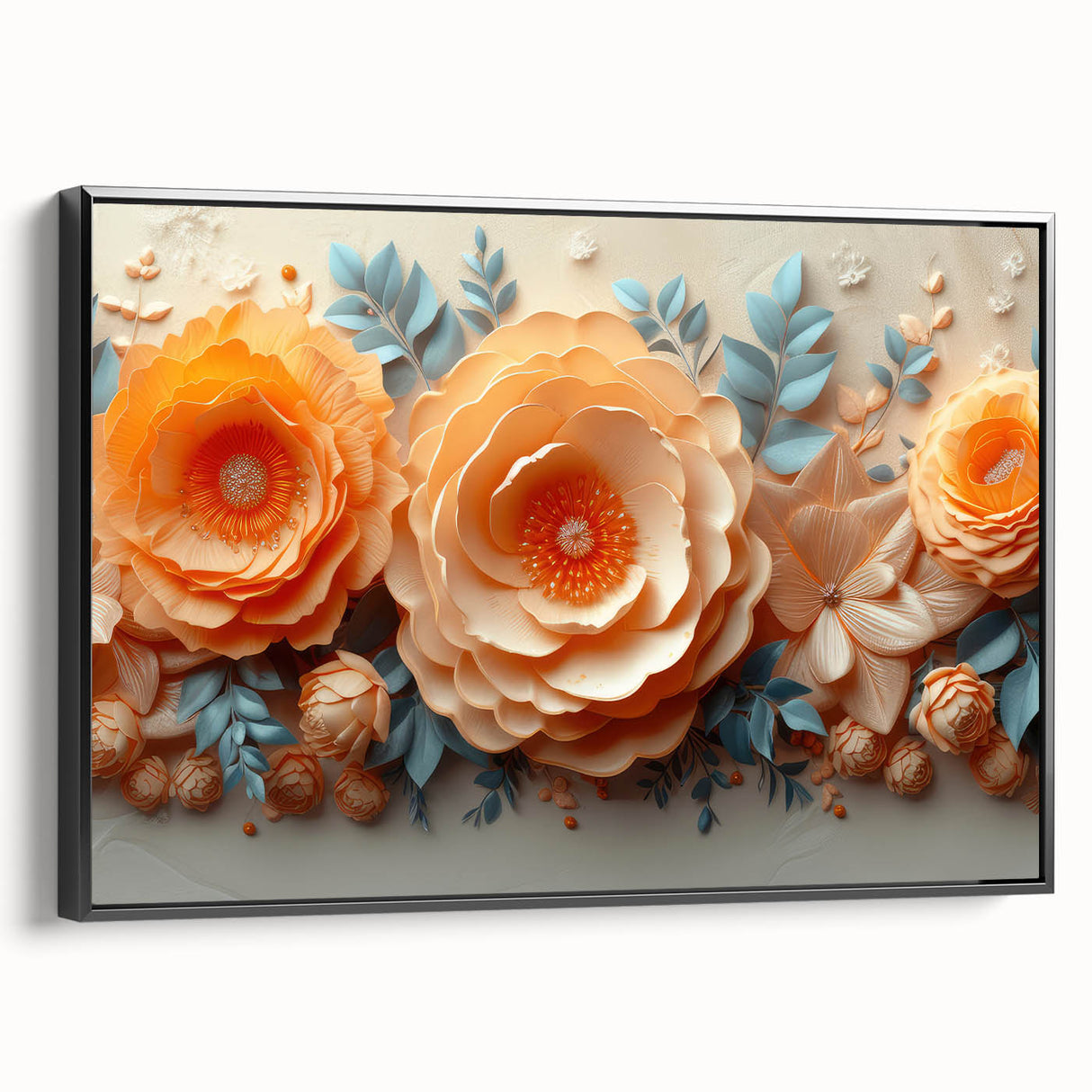 Glam Wall Art – Luxurious Floral 3D Design with Peach and Blue Accents