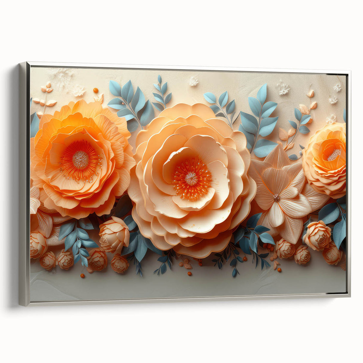 Glam Wall Art – Luxurious Floral 3D Design with Peach and Blue Accents