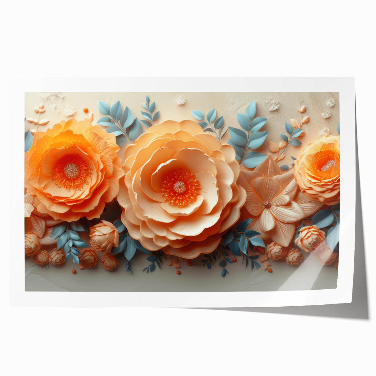 Glam Wall Art – Luxurious Floral 3D Design with Peach and Blue Accents
