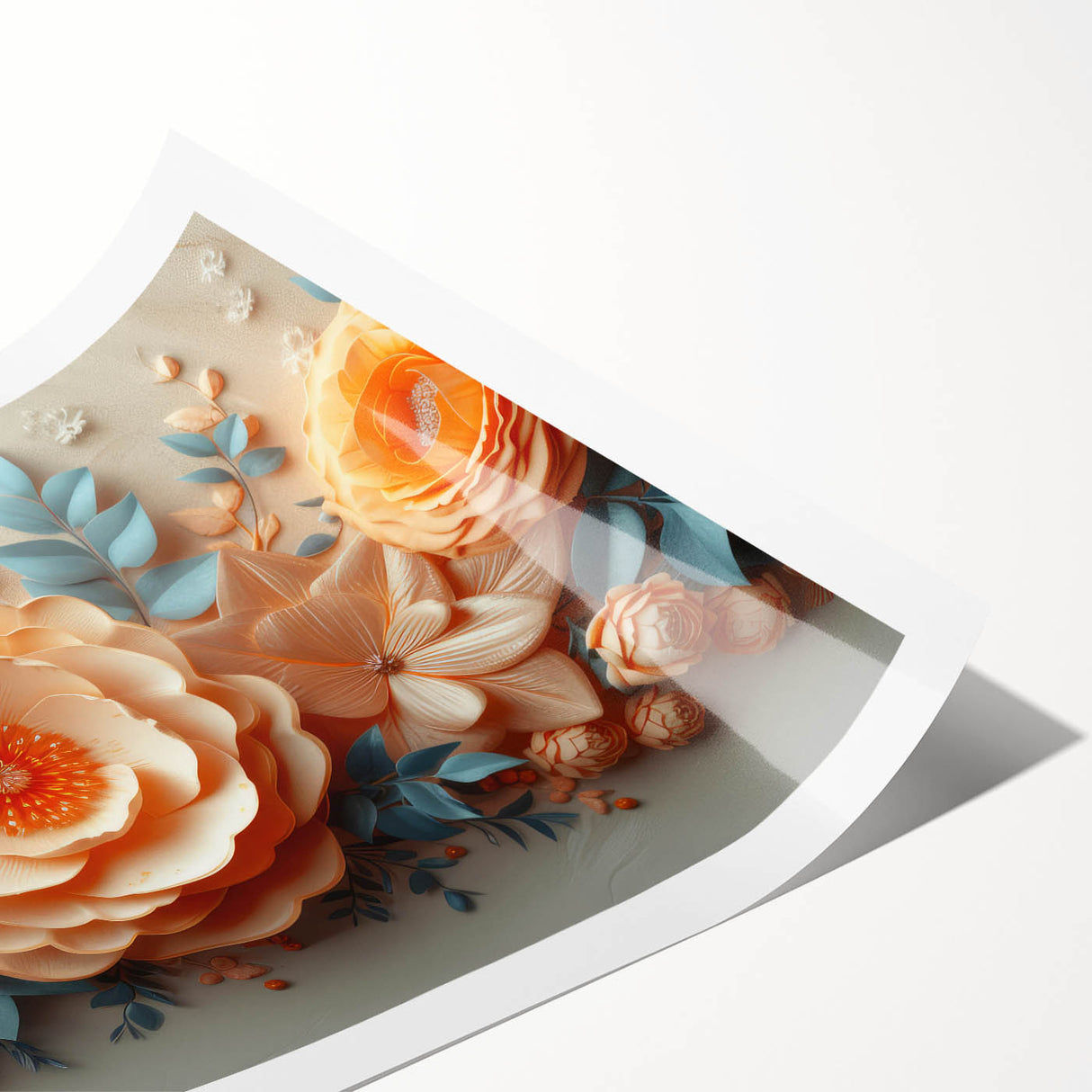 Glam Wall Art – Luxurious Floral 3D Design with Peach and Blue Accents