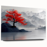 Glam Wall Art – Red Tree with Minimalist Gray Mountains for Modern Decor