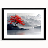 Glam Wall Art – Red Tree with Minimalist Gray Mountains for Modern Decor
