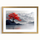 Glam Wall Art – Red Tree with Minimalist Gray Mountains for Modern Decor