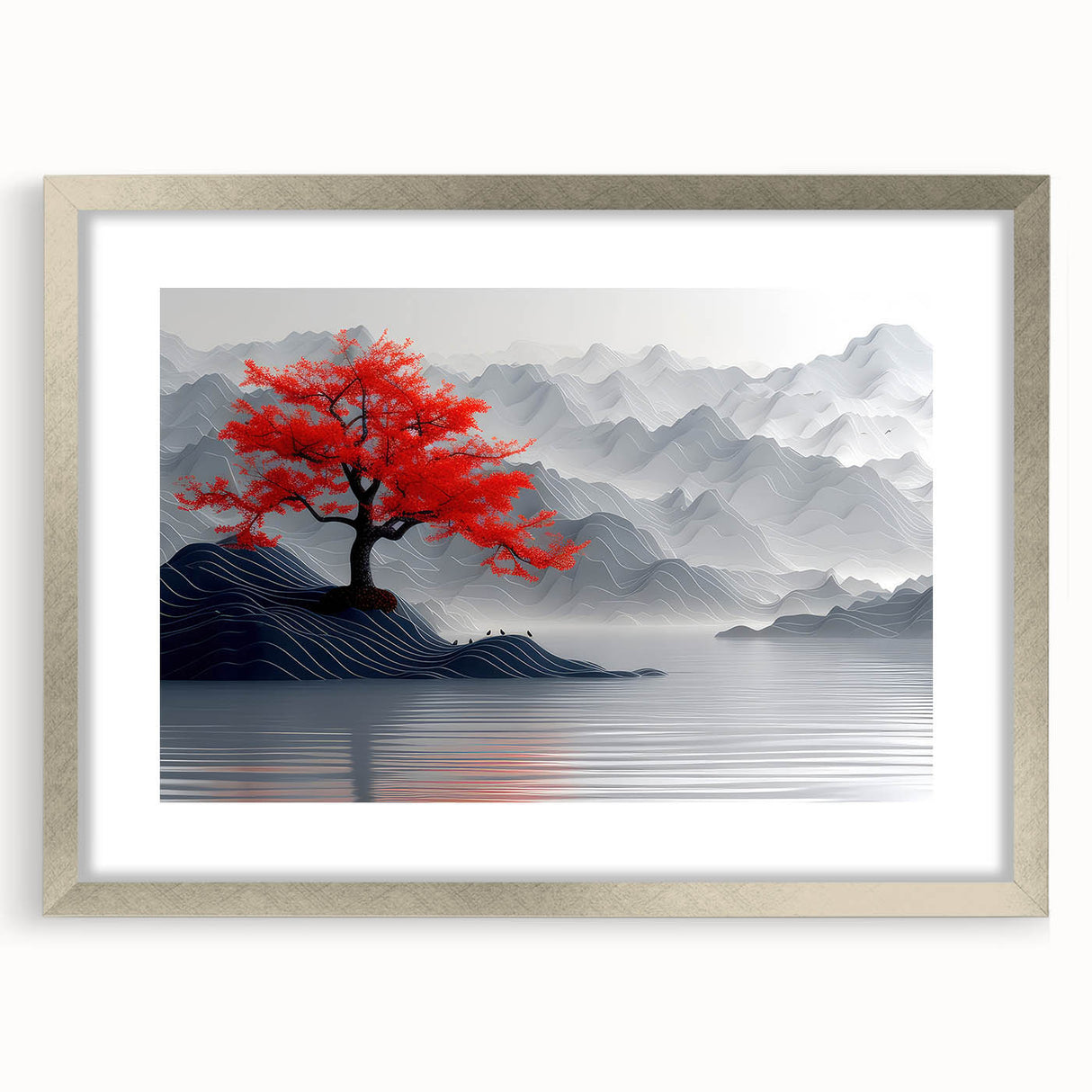 Glam Wall Art – Red Tree with Minimalist Gray Mountains for Modern Decor