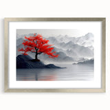 Glam Wall Art – Red Tree with Minimalist Gray Mountains for Modern Decor