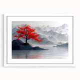 Glam Wall Art – Red Tree with Minimalist Gray Mountains for Modern Decor