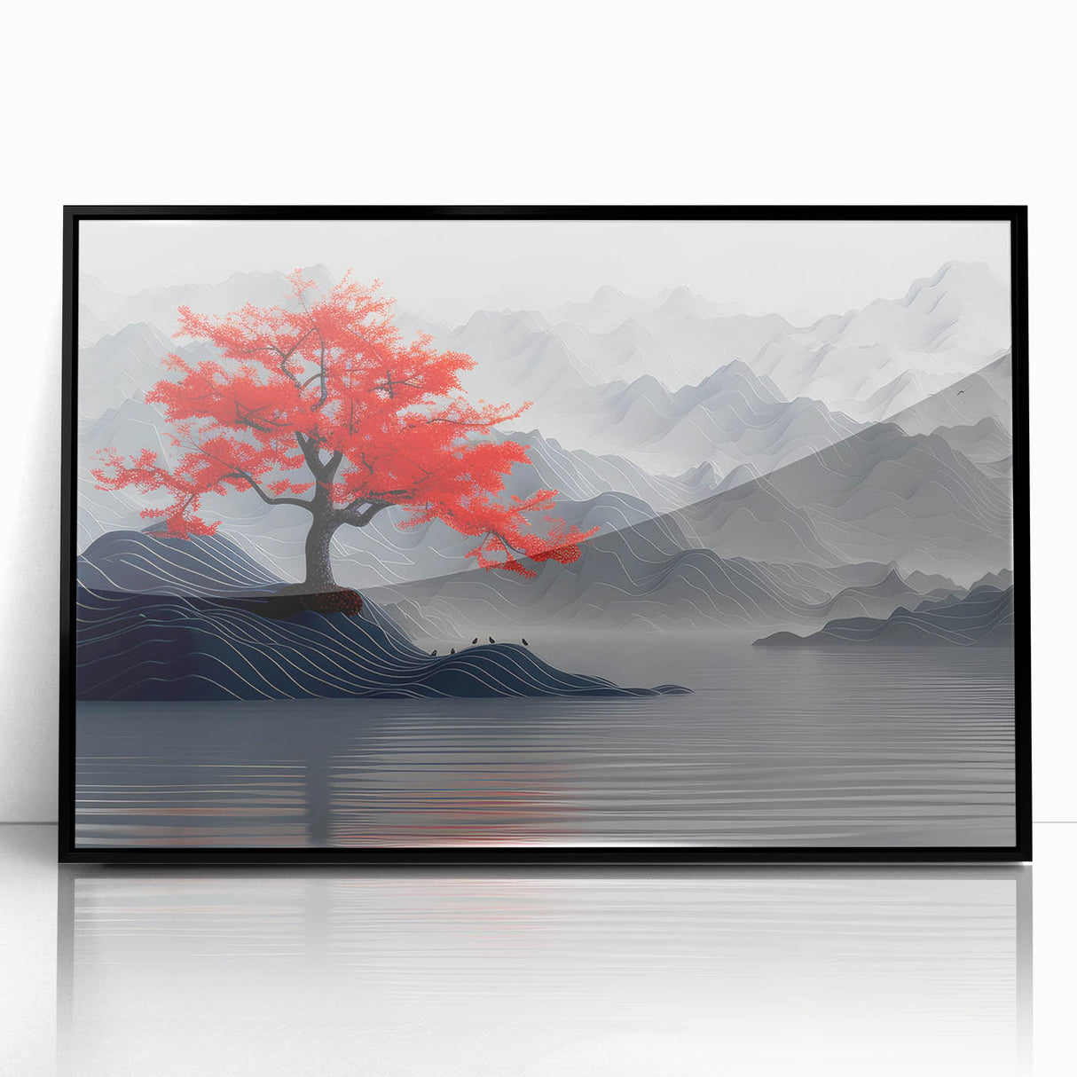 Glam Wall Art – Red Tree with Minimalist Gray Mountains for Modern Decor