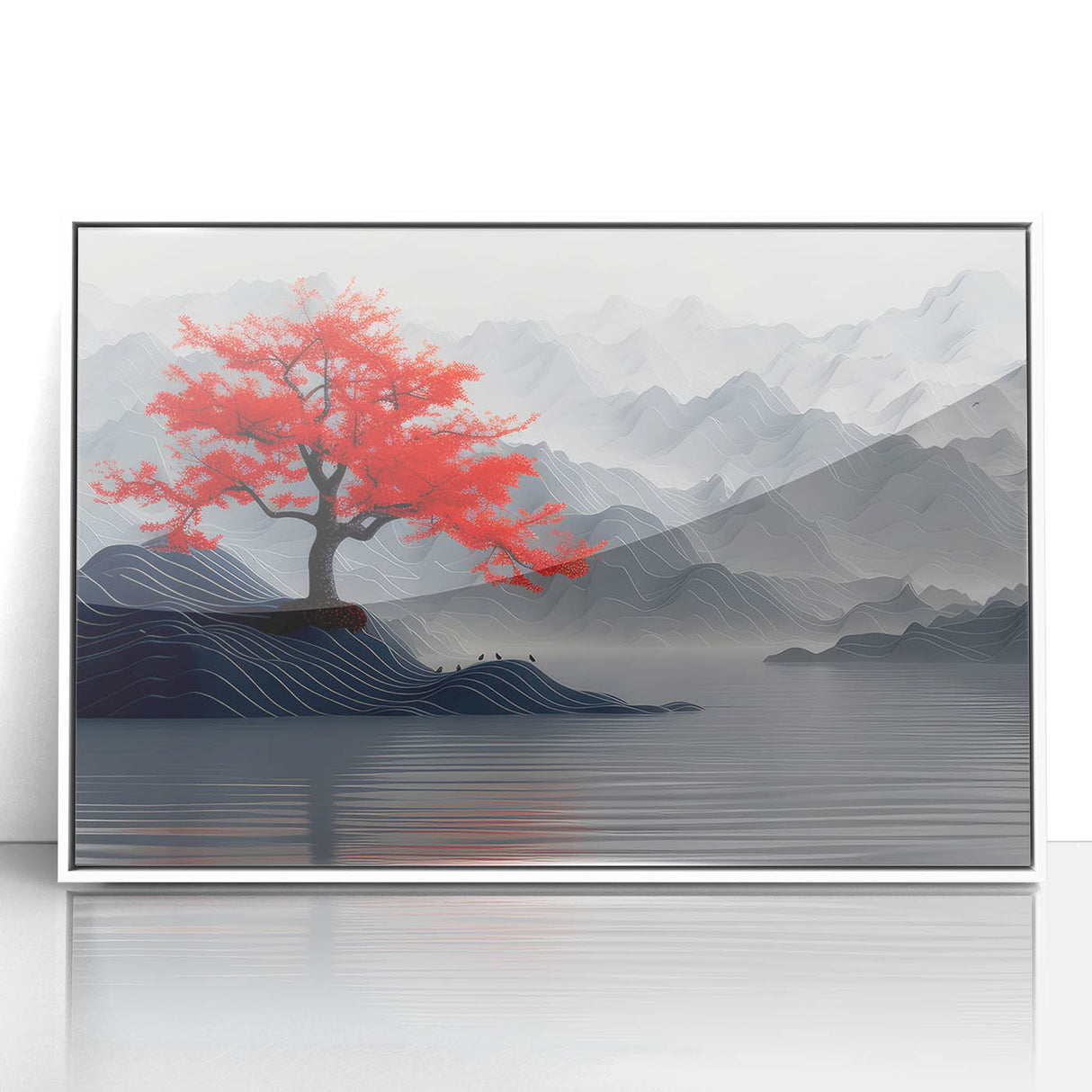 Glam Wall Art – Red Tree with Minimalist Gray Mountains for Modern Decor