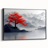 Glam Wall Art – Red Tree with Minimalist Gray Mountains for Modern Decor