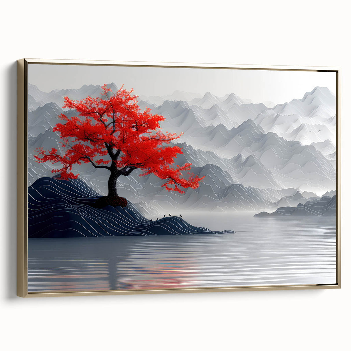 Glam Wall Art – Red Tree with Minimalist Gray Mountains for Modern Decor