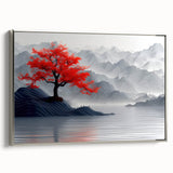 Glam Wall Art – Red Tree with Minimalist Gray Mountains for Modern Decor