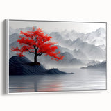 Glam Wall Art – Red Tree with Minimalist Gray Mountains for Modern Decor
