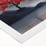 Glam Wall Art – Red Tree with Minimalist Gray Mountains for Modern Decor