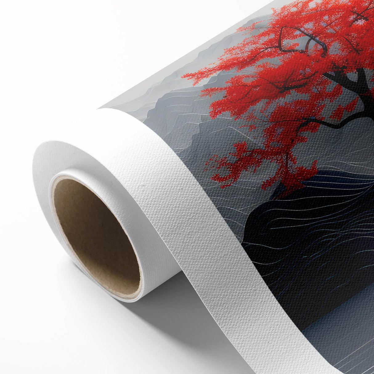 Glam Wall Art – Red Tree with Minimalist Gray Mountains for Modern Decor