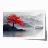 Glam Wall Art – Red Tree with Minimalist Gray Mountains for Modern Decor