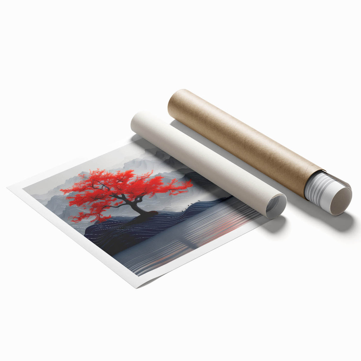 Glam Wall Art – Red Tree with Minimalist Gray Mountains for Modern Decor