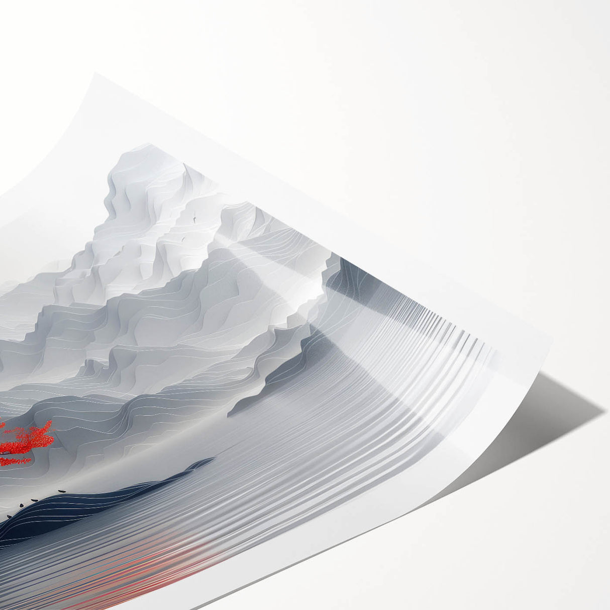 Glam Wall Art – Red Tree with Minimalist Gray Mountains for Modern Decor
