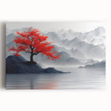 Glam Wall Art – Red Tree with Minimalist Gray Mountains for Modern Decor