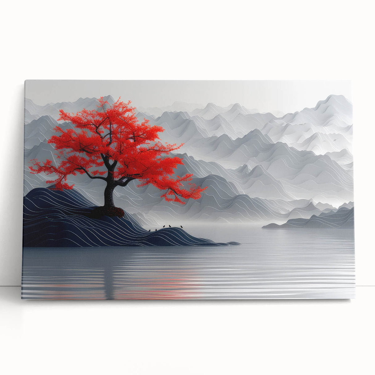 Glam Wall Art – Red Tree with Minimalist Gray Mountains for Modern Decor