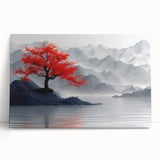 Glam Wall Art – Red Tree with Minimalist Gray Mountains for Modern Decor