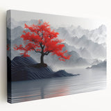 Glam Wall Art – Red Tree with Minimalist Gray Mountains for Modern Decor