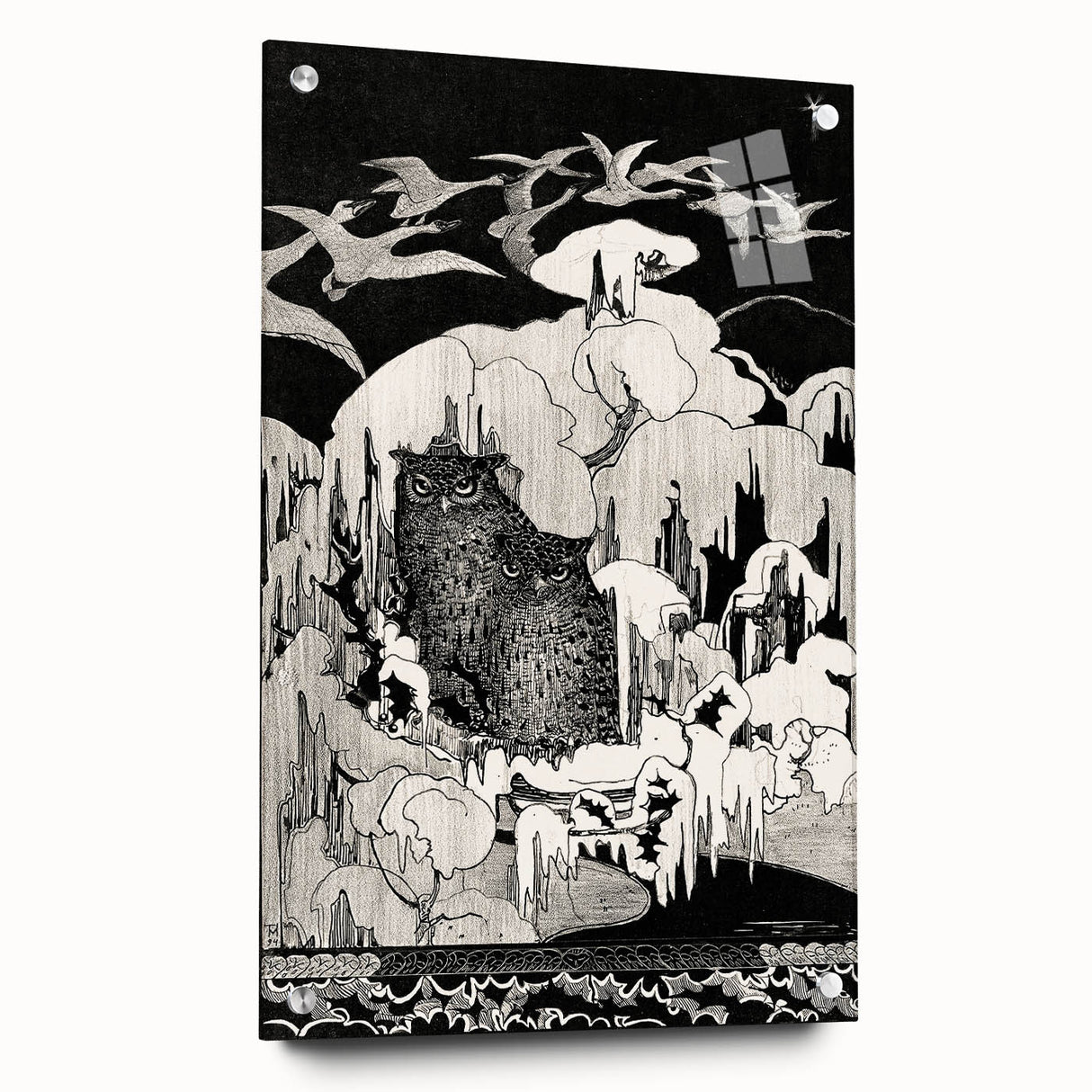 Dark Decor Style - Mysterious Owls Illustration on Gothic Canvas Print