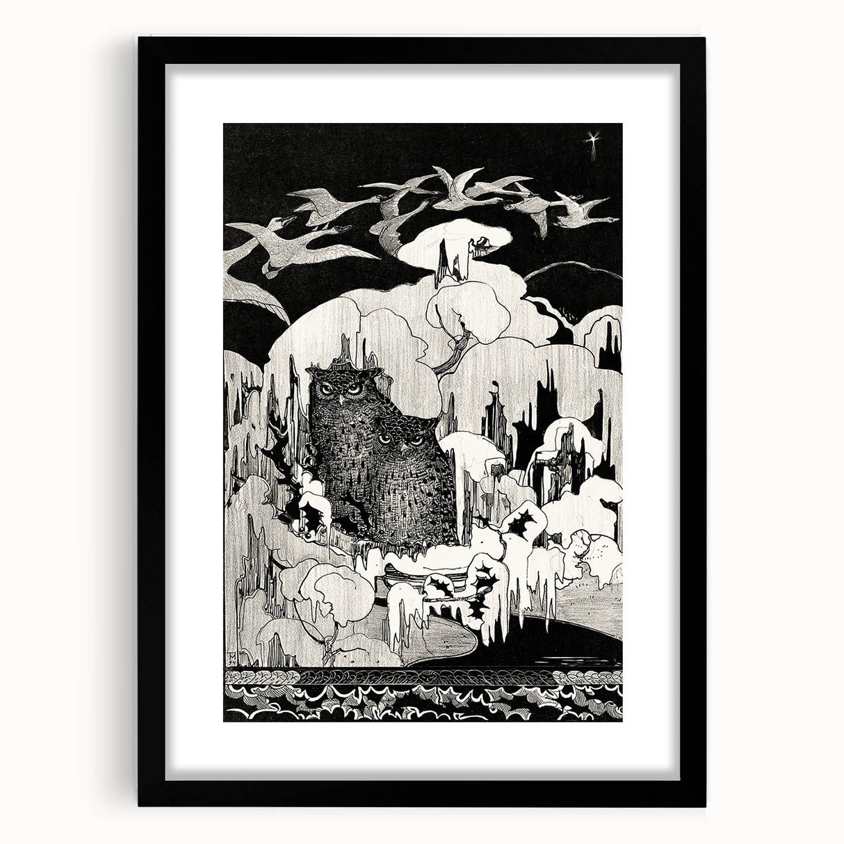 Dark Decor Style - Mysterious Owls Illustration on Gothic Canvas Print