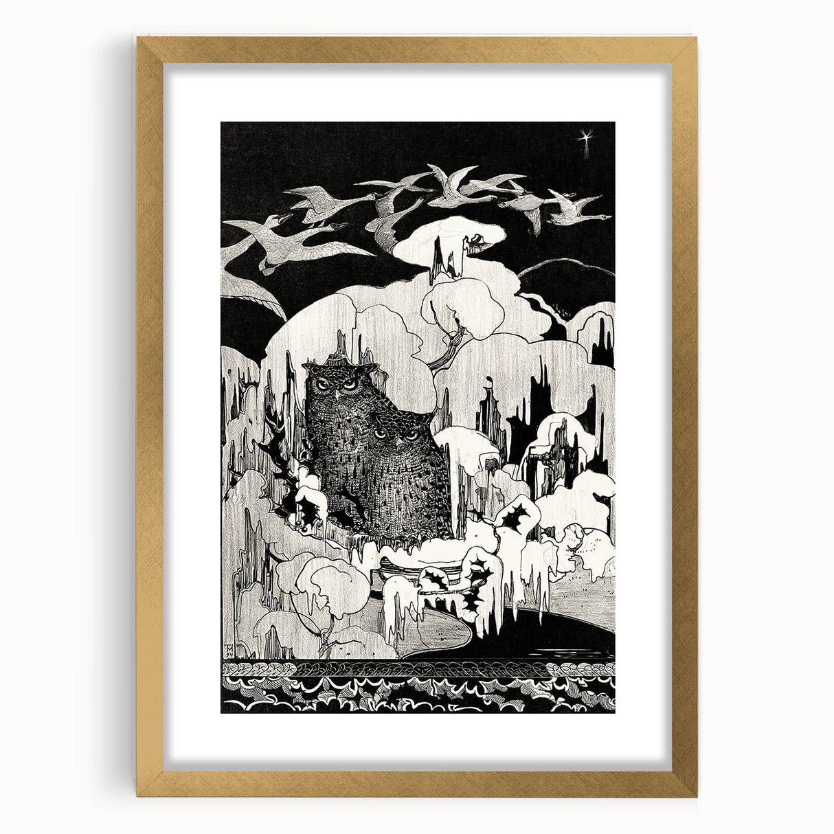 Dark Decor Style - Mysterious Owls Illustration on Gothic Canvas Print