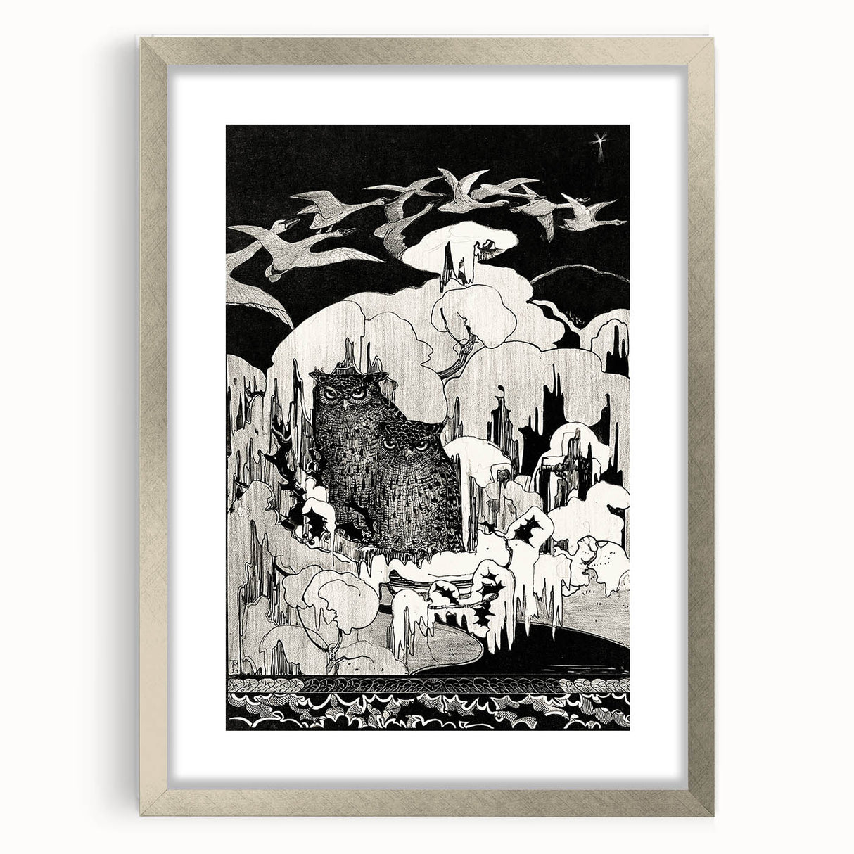 Dark Decor Style - Mysterious Owls Illustration on Gothic Canvas Print