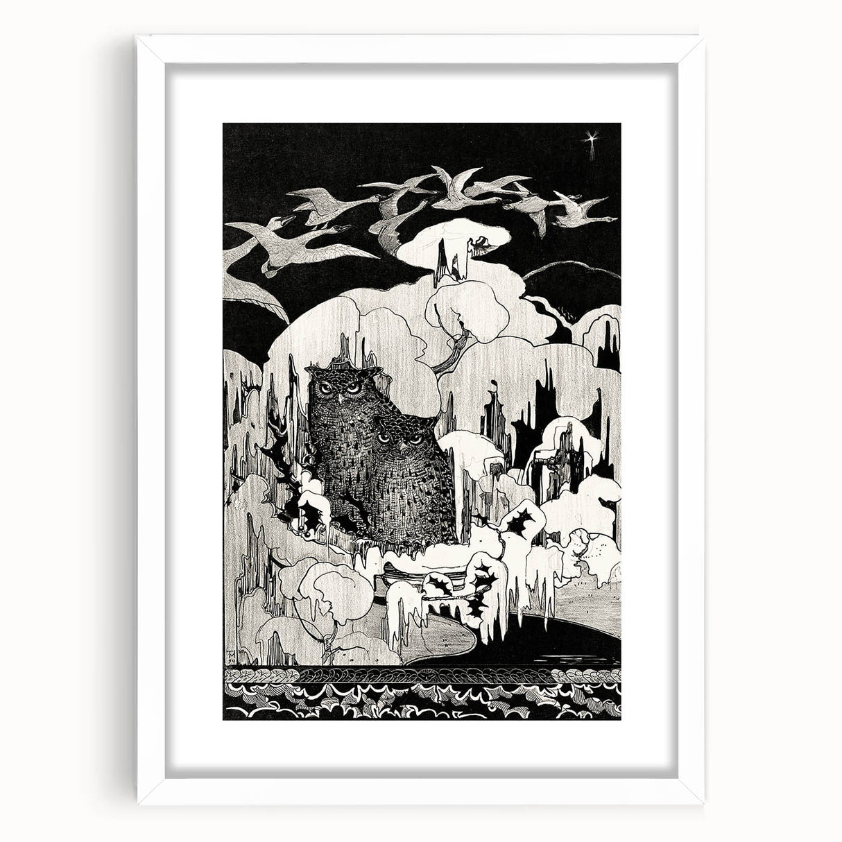 Dark Decor Style - Mysterious Owls Illustration on Gothic Canvas Print