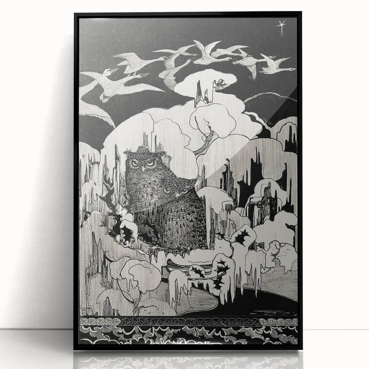 Dark Decor Style - Mysterious Owls Illustration on Gothic Canvas Print