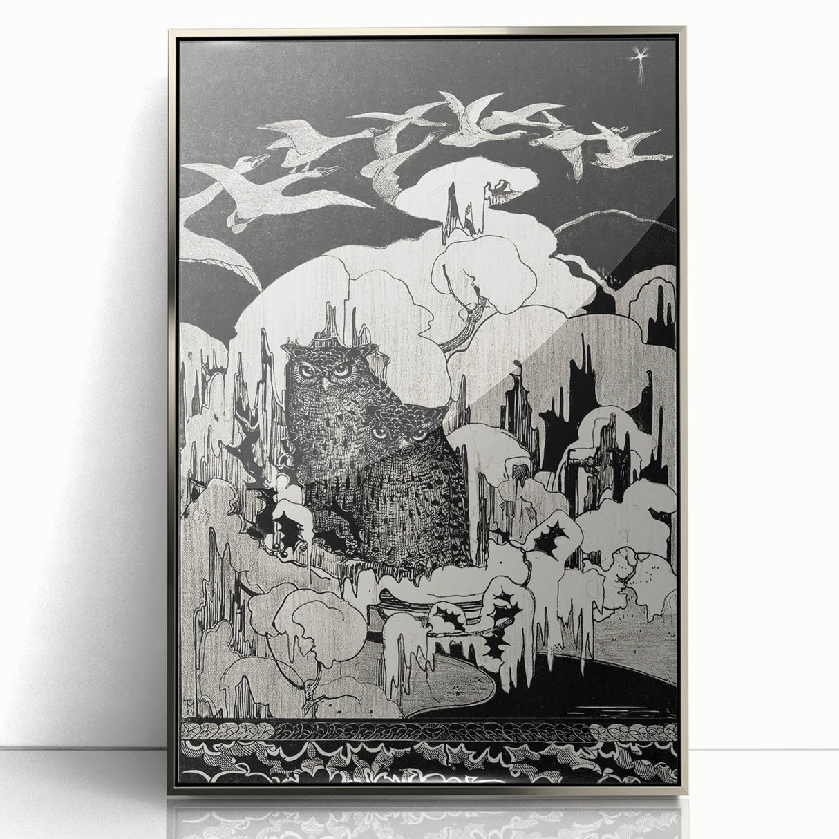 Dark Decor Style - Mysterious Owls Illustration on Gothic Canvas Print