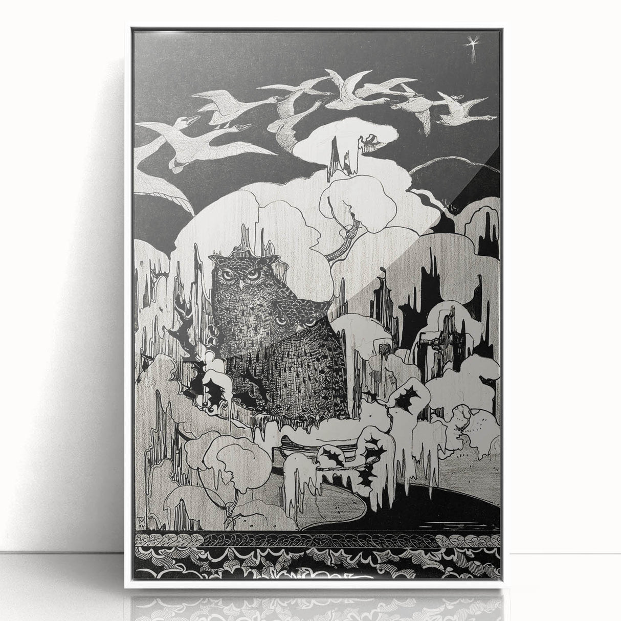 Dark Decor Style - Mysterious Owls Illustration on Gothic Canvas Print