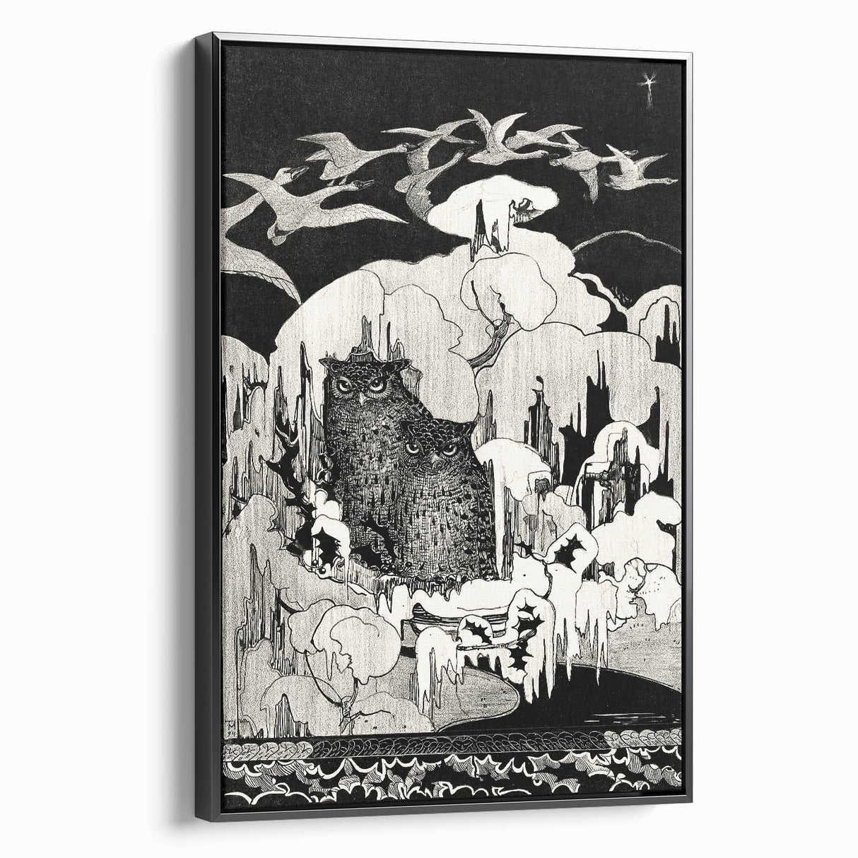 Dark Decor Style - Mysterious Owls Illustration on Gothic Canvas Print