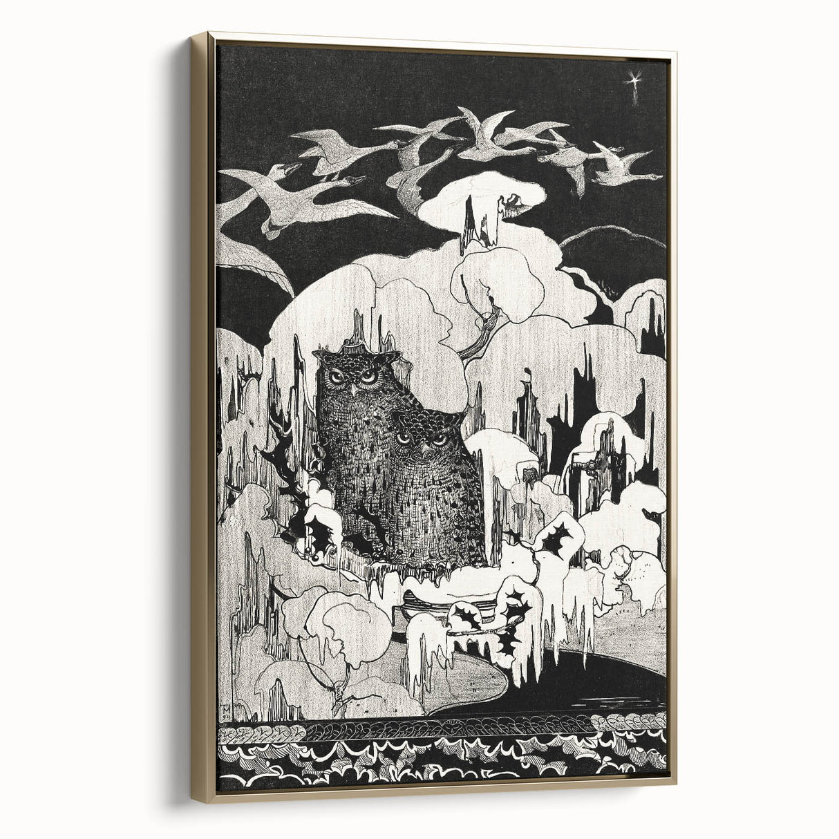 Dark Decor Style - Mysterious Owls Illustration on Gothic Canvas Print